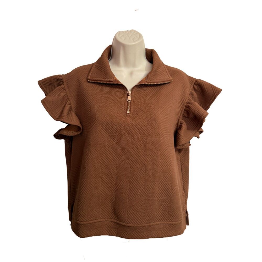 SSYS Brown Textured Half-Zip Ruffle Flutter Sleeve Top - Size M - Picture 4 of 9
